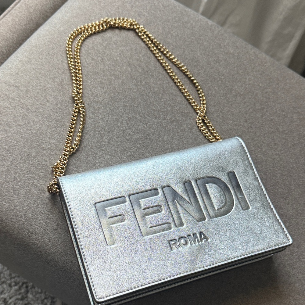 Fendi Metallic Silver Crossbody with Gold Chain